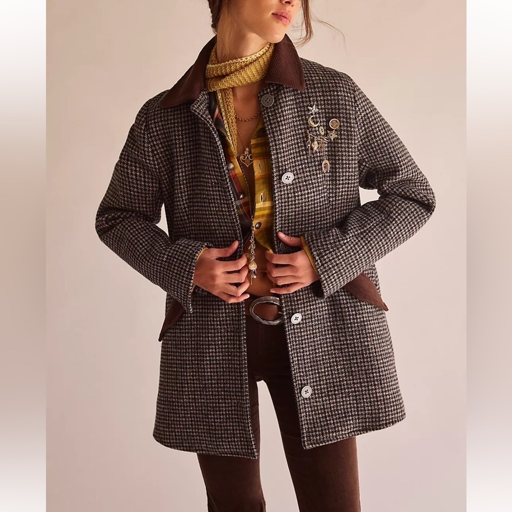 Free People Checkered Trench Coat with Dark Brown Accents